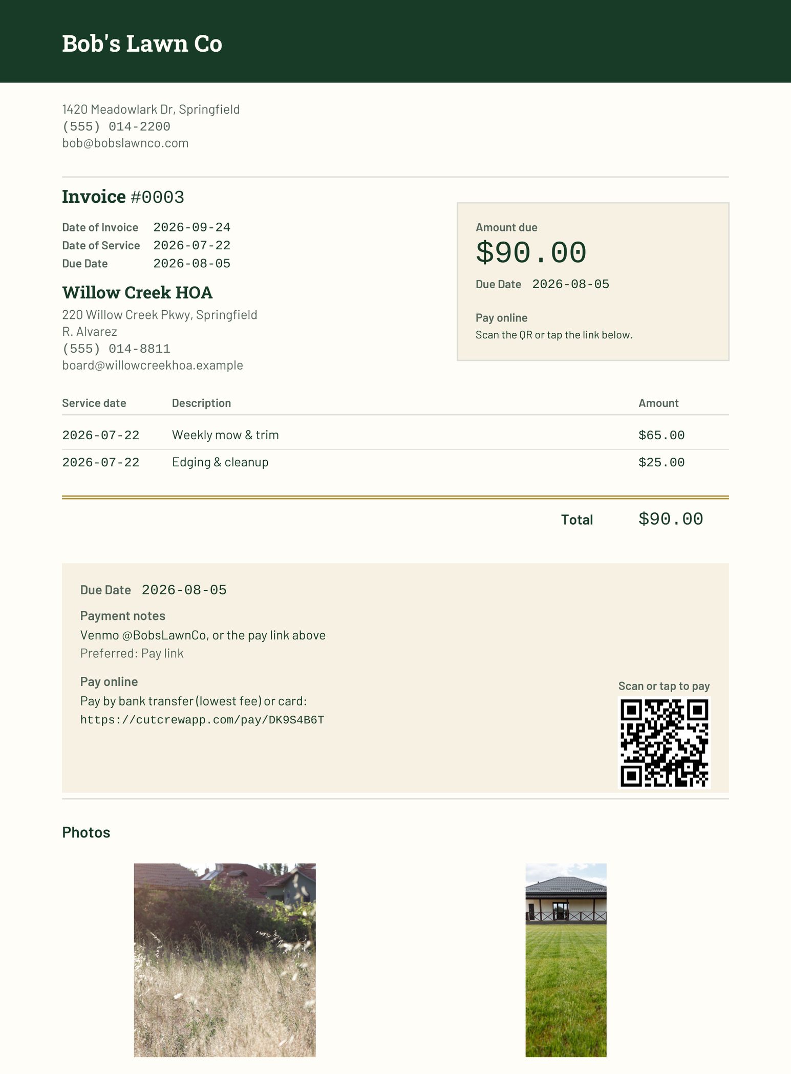 An invoice PDF generated by CutCrew for Bob&rsquo;s Lawn Co: business header, invoice number and dates, the site and its contact, an amount-due card with Pay online, two service lines and the total, payment notes with Venmo, a pay link with a QR code, and before and after photos of the yard.